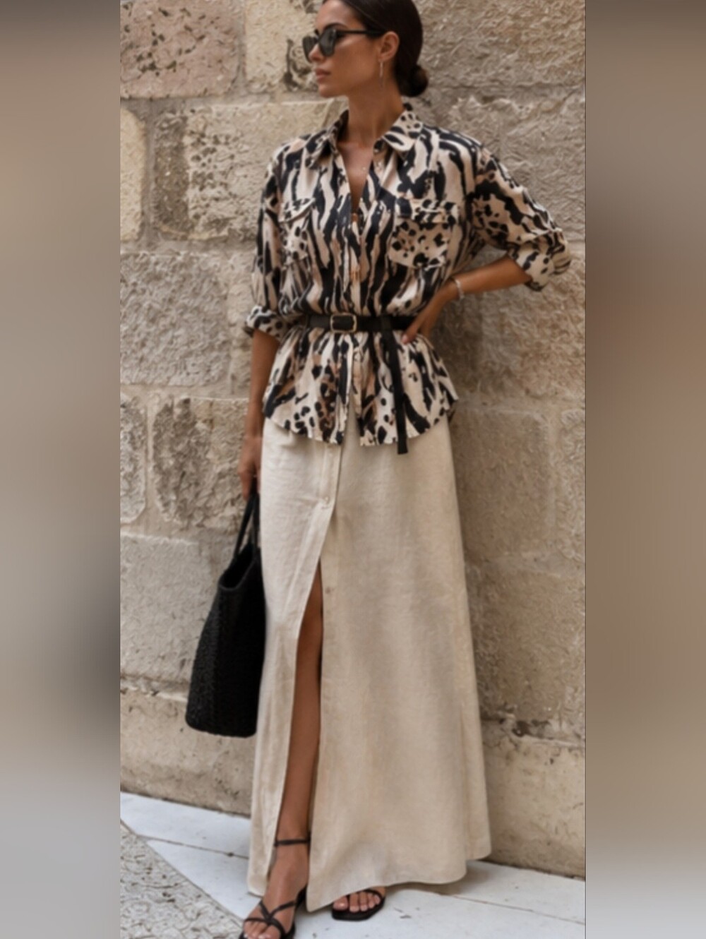 JM Collection 100% Linen Black & Cream Animal-Print Button Shirt